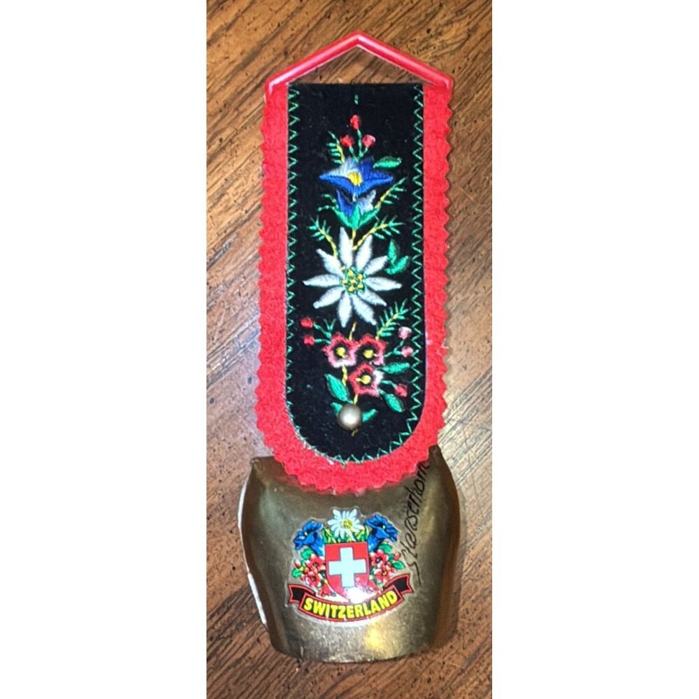 Vintage Cow Bell Embroidered Strap Switzerland Decorative Brass Swiss